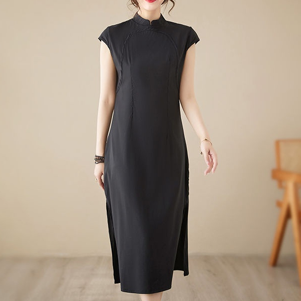 dress scuba premium hitam cheongsam