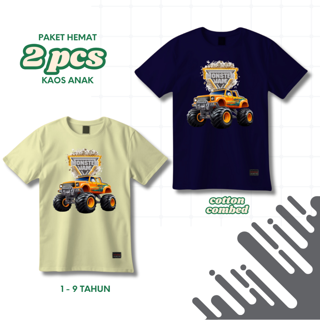 2pcs Kaos Anak laki-laki premium Motif Mobil Monster Kaos Anak laki laki 1 - 9 Tahun