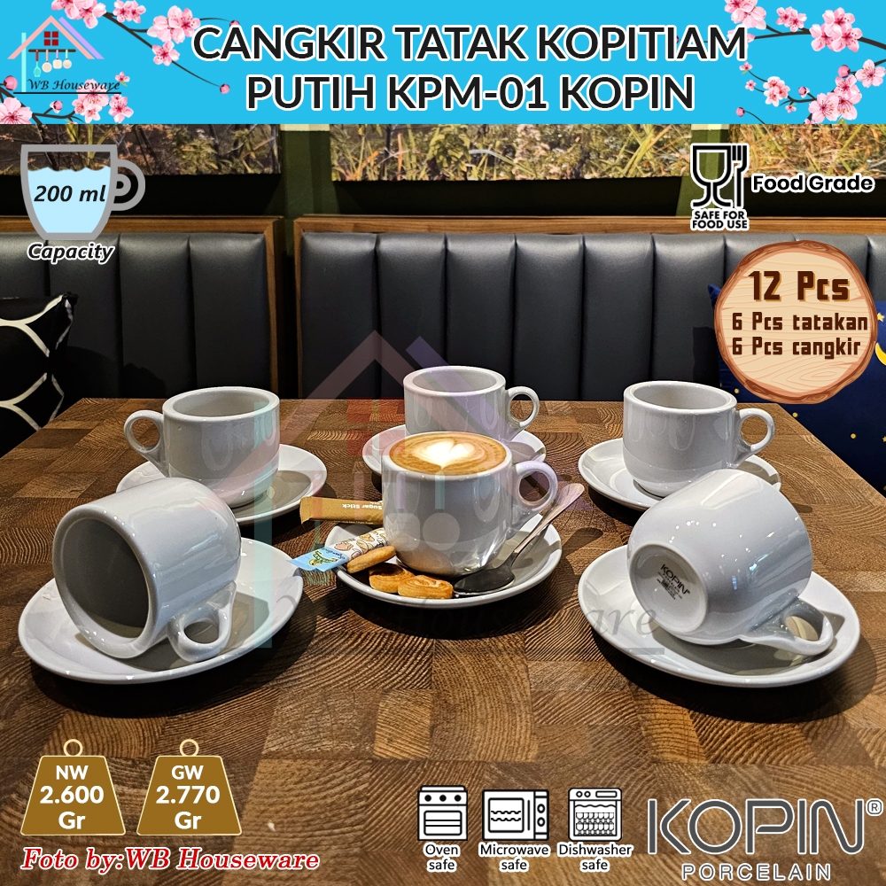 KOPIN Cangkir set 6 pasang + tatakan porselain keramik putih / KOPITIAM klasik tea cup and saucer KP