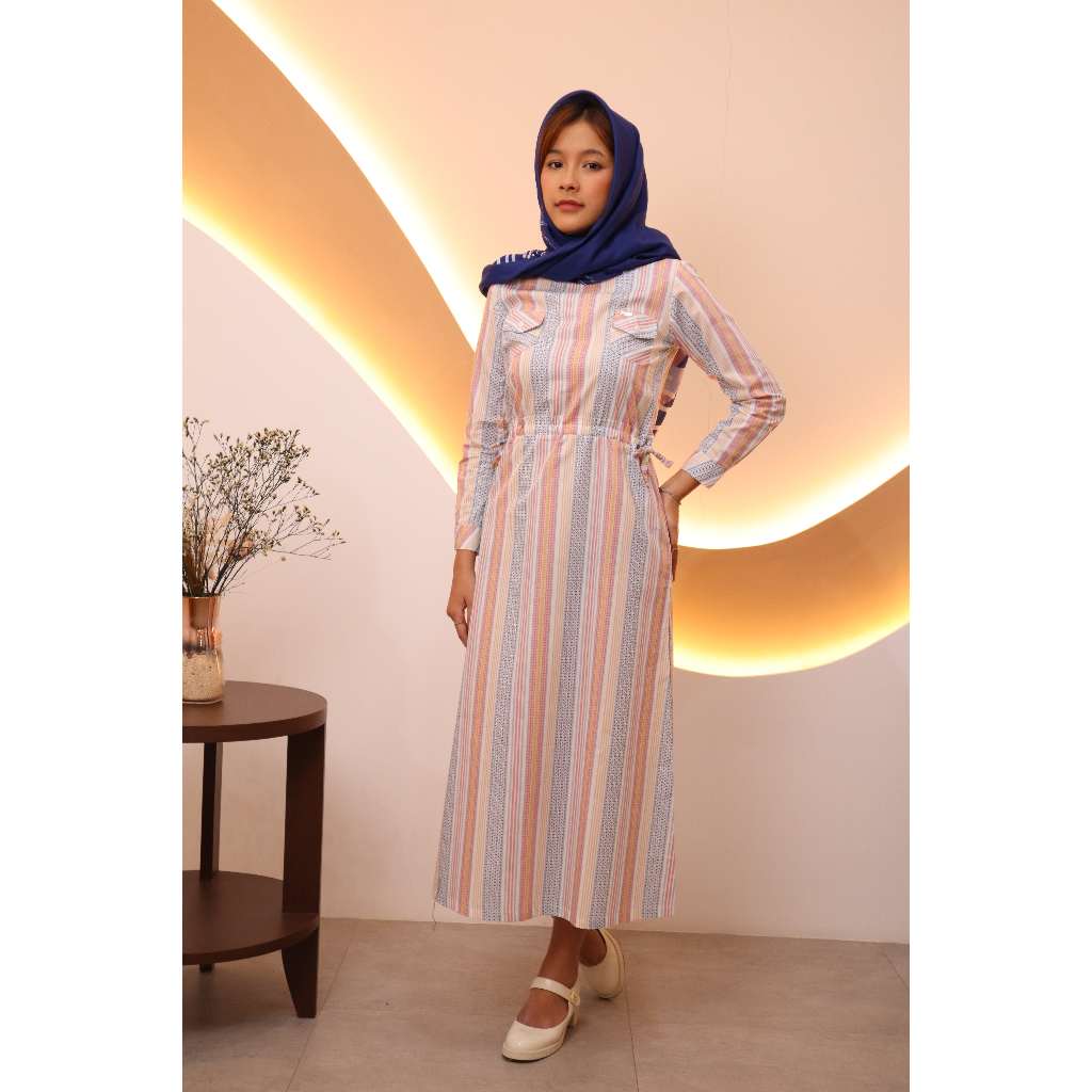 Missty Freeteen Gamis Dress Wanita Warna Pink Putih Biru Motif Garis Bahan Katun Kualitas Premium BE