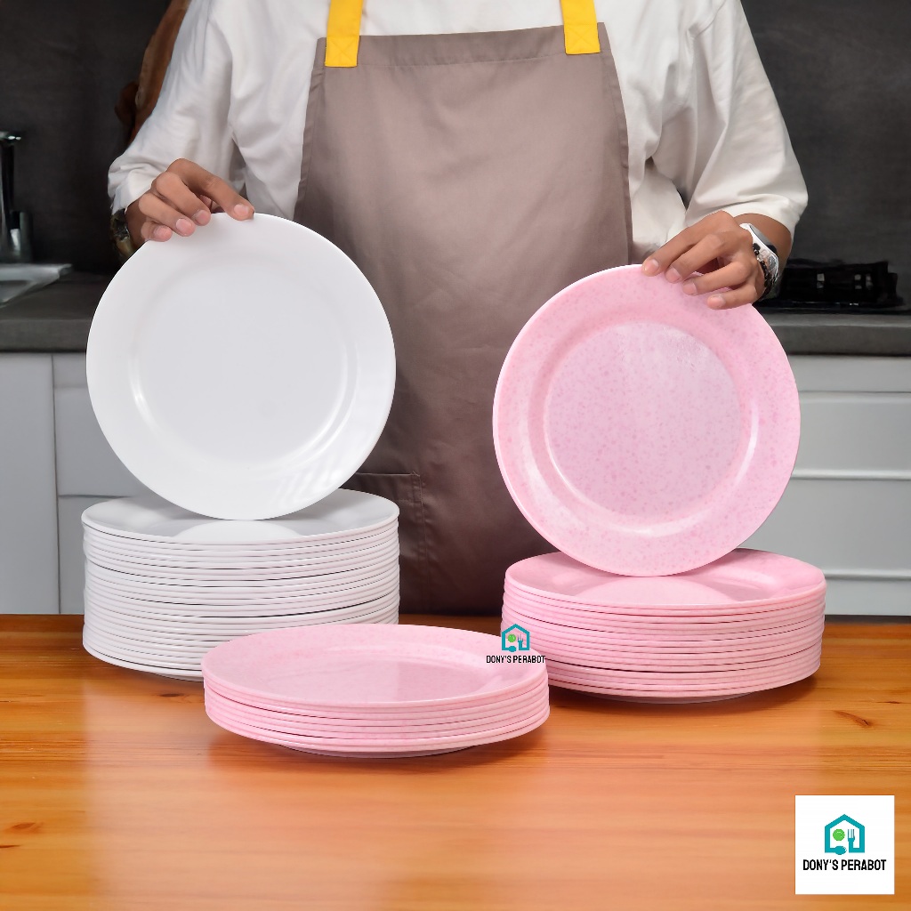 ID PROMO LUSINAN 6/12PCS PIRING BULAT DANGKAL MELAMIN BESAR 10IN PUTIH PINK PIRING SAJI POLOS ALA