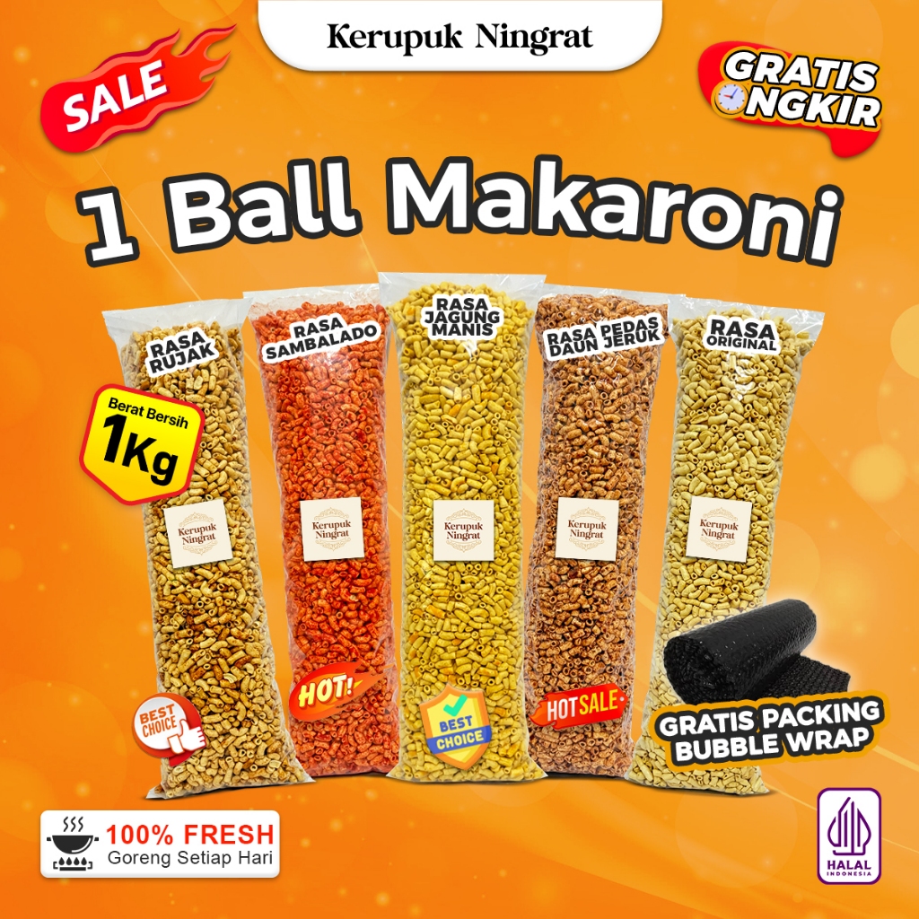 

MAKARONI BANTAT 1 BALL 5 VARIAN RASA PEDAS DAUN JERUK, BUMBU RUJAK, ORIGINAL, BALADO, JAGUNG MANIS