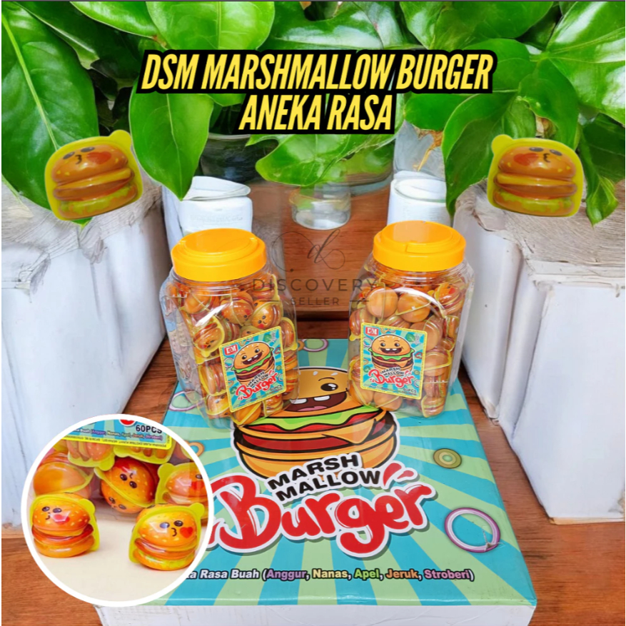 

Marshmallow Burger DSM Permen Lembut Marshmallow Bentuk Burger 1 Toples Isi 60 Pcs