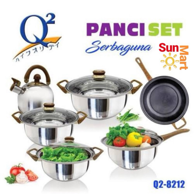 Panci Stainless Set Q2 8212 / Panci Set Rumah Tangga / Panci Susun Plus Teko q2