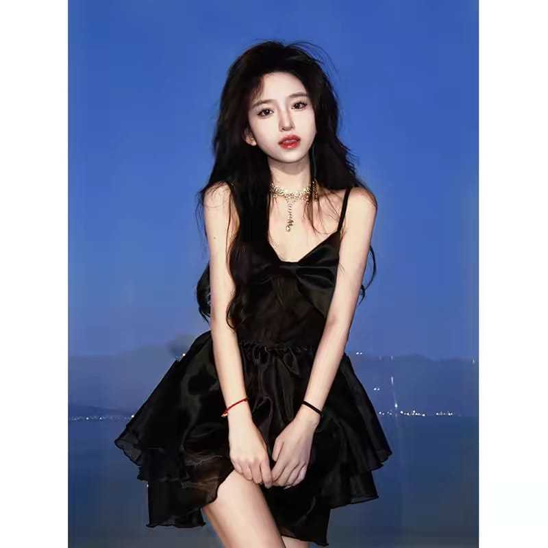 JMS Fashion 265 [Stok tersedia] Gaun pesta ulang tahun kecil, gaun suspender renda hitam seksi mewah
