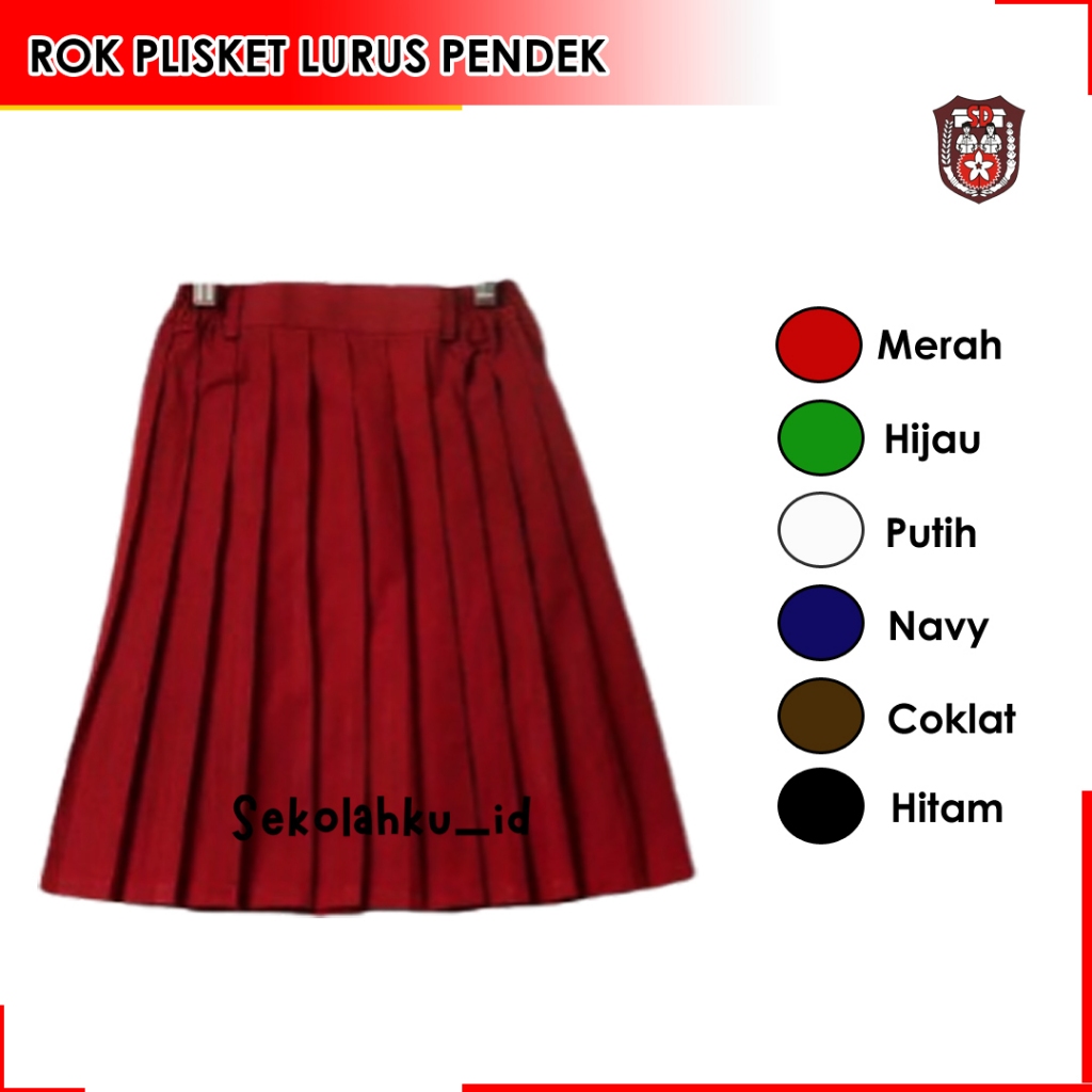 Seragam Sekolah Rok Plisket Pendek SD Bahan Premium Warna Merah Cokelat Biru Hijau Putih
