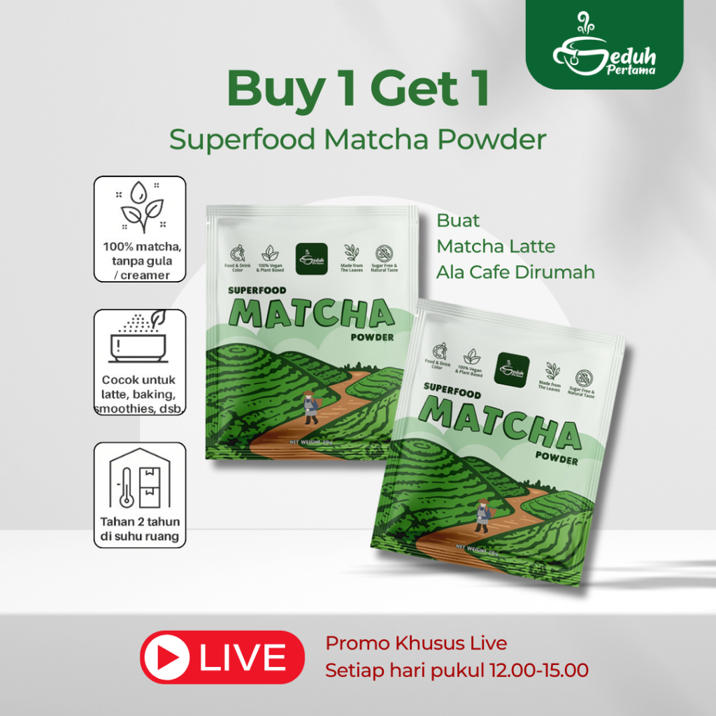 

BUY 1 GET 1 Superfood Matcha Powder Original 100% Tanpa Gula & Creamer