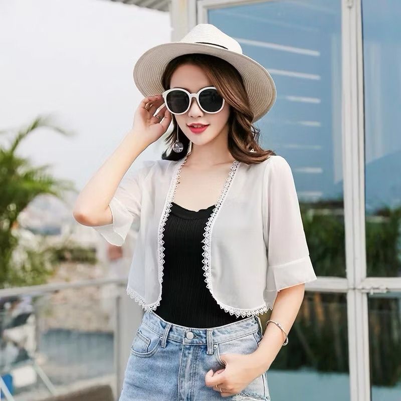 Blazer crop transparan blus Putih Wanita Lengan Pendek