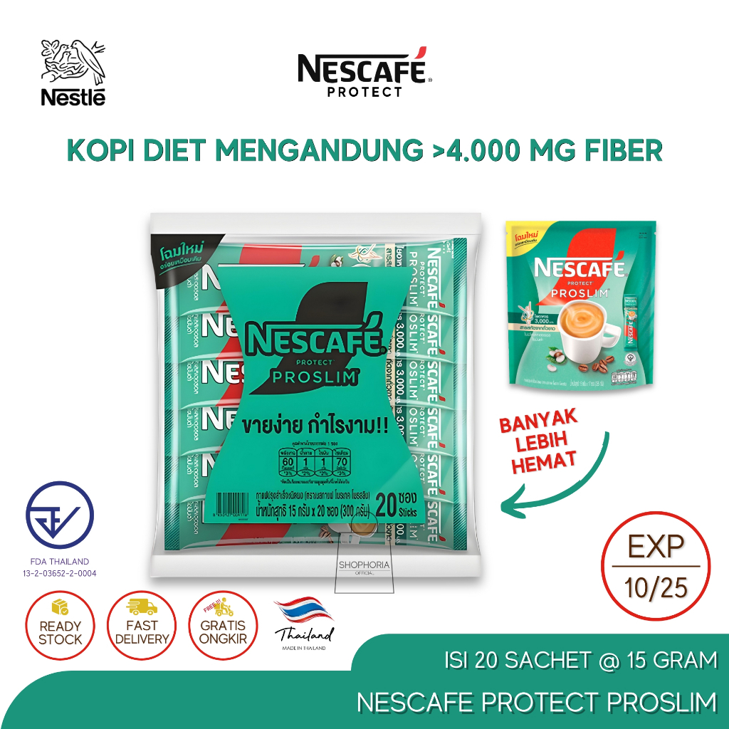 

Nestle Nescafe Protect Proslim Instant 3 in 1 Coffee Diet 1 Pack Isi 20 Sachet Original Thailand Kopi Instant Fiber Kurus Langsing Tahan Lapar Penurun Berat Badan