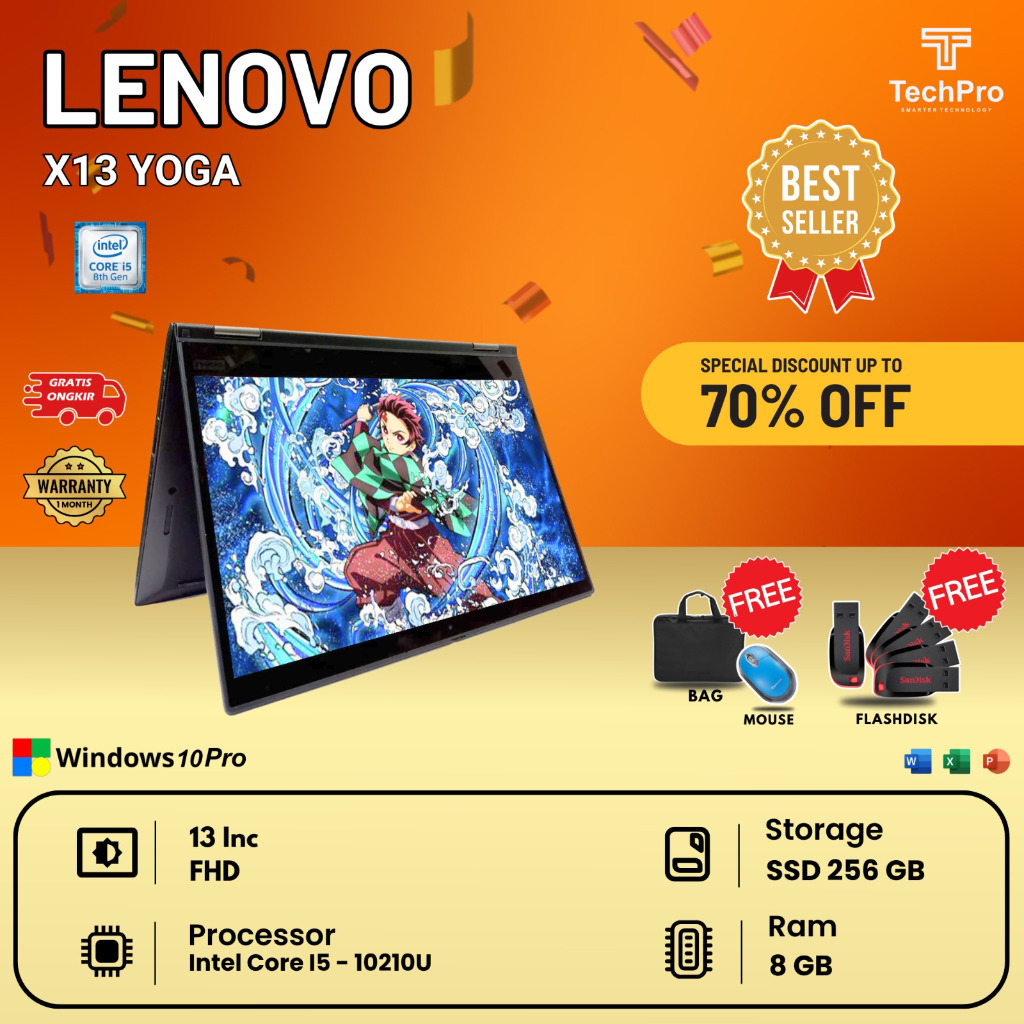 Laptop 2in1 Lenovo Thinkpad X13 Yoga Core i5 10210u (Gen 10) Ram 8GB SSD 256GB Layar 13in Touchscree