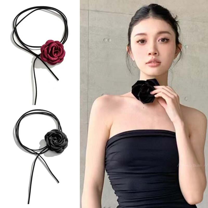 Kalung Mawar Merah Kalung Bunga Rose Kalung Choker Bunga Hitam Kalung Leher Bunga