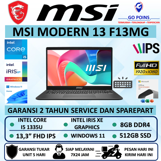 Laptop MSI MODERN 13 Intel Core I5 1335U RAM 8GB 512GB SSD FHD IPS Backlit Windows 11 OHS Grey
