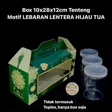 

( 5 pcs ) dus tenteng lebaran jendela mika muat 3 toples jar 600ml motif lentera hijau tua gable box edisi eid mubarak 10x28x12cm