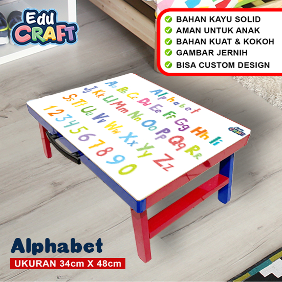 Meja Lipat Belajar Anak Kayu Alfabet / Meja Lipat Custom Anak / Portable Serbaguna
