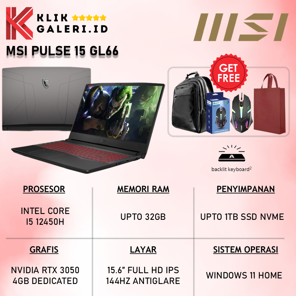 Laptop Gaming MSi Pulse 15 GL66 Core i5 12450H 32GB RAM 1TB SSD RTX 3050 15.6 Inch FHD IPS 144Hz