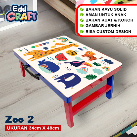 Meja Lipat Belajar Anak Kayu Play Zoo Aesthetic / Meja Lipat Custom Anak / Portable Serbaguna