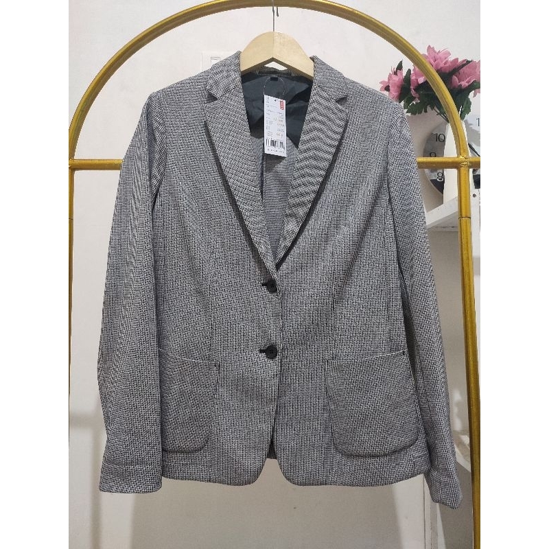 Blazer UNIQLO HS houndstooth LD94 hitam putih tagwash komplit kancing kanan Pria bisa unisex
