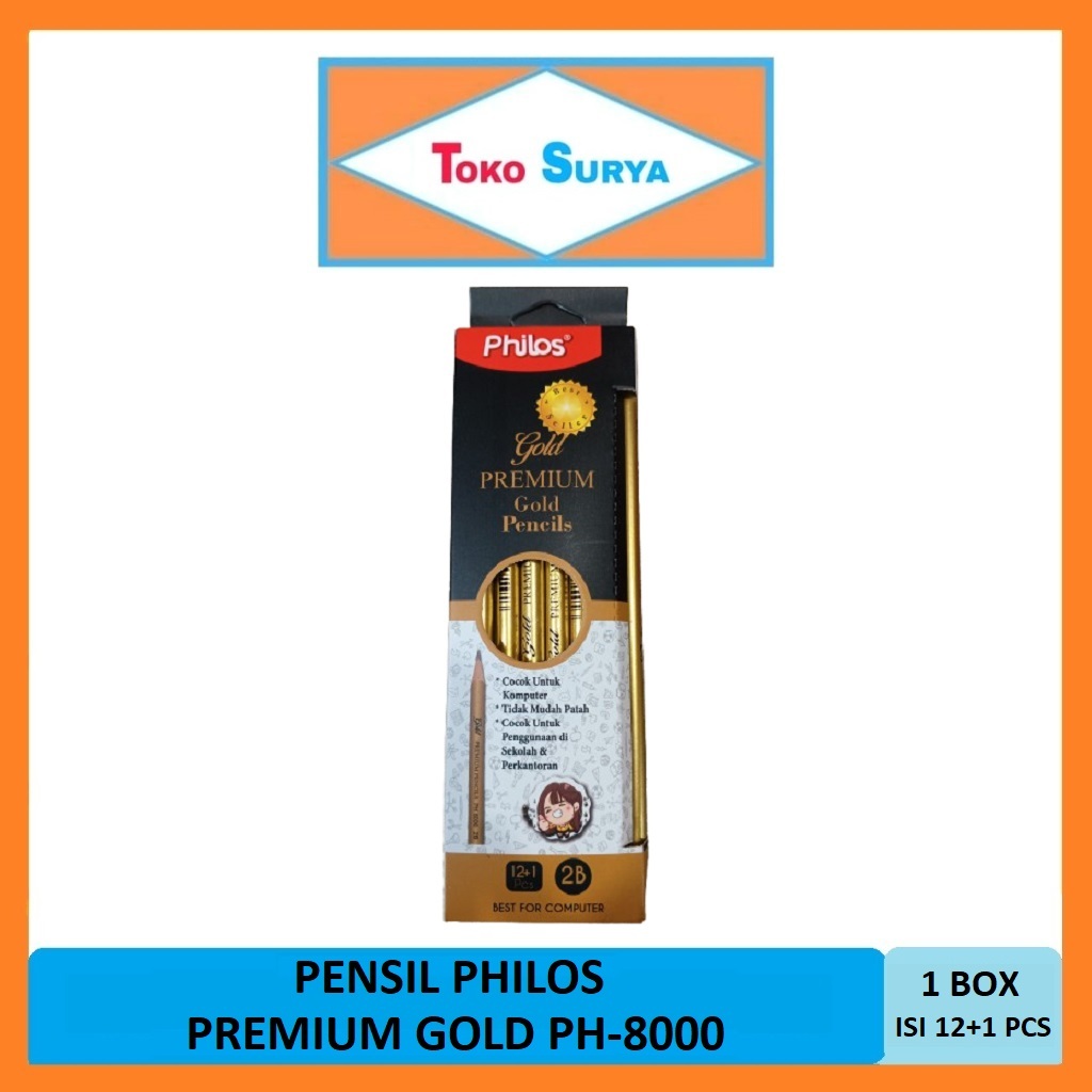 

Philos Pensil 2B PH-8000 Gold Premium Pencils 1 Box Isi 12+1 Pcs