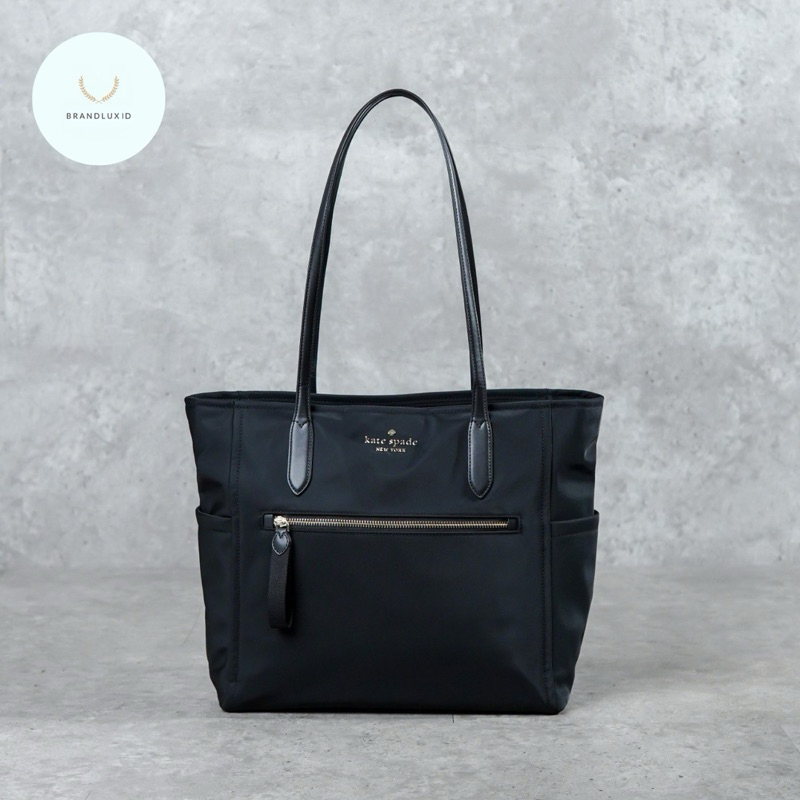 Kate Spade GHW Nylon Multi Pocket Zip Tote Bag with Long Strap in Black