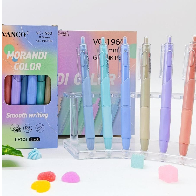 

[1 Pak Isi 6 Pcs] Bolpen Pulpen Gel Pen Cetek Morandi Color Vanco VC-1960 Hitam 0.5mm