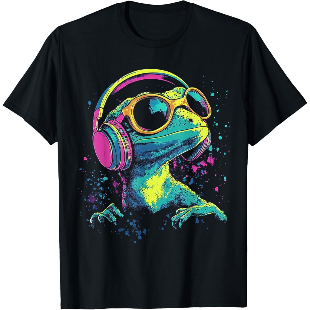 Kaos Motif Hewan Gecko Musik Headphone Kacamata Hitam Gecko Kaos