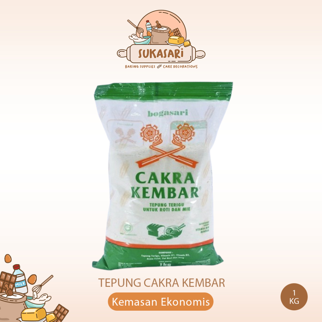 

Tepung Terigu Cakra kembar ekonomis 1kg bread flour Bogasari kemasan economis murah