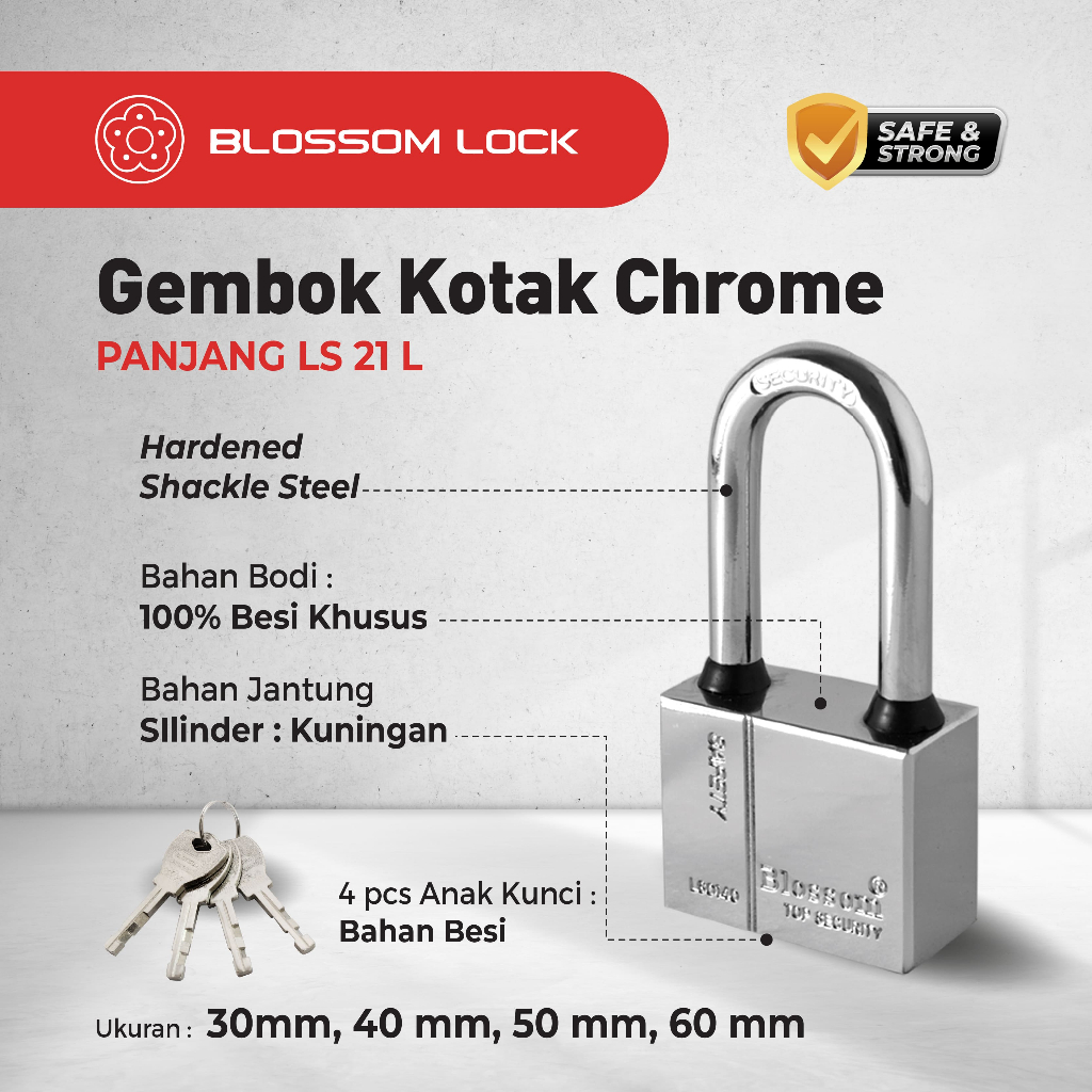PWRFM GEMBOK BESI BAJA LS2100 / GEMBOK KOTAK PANJANG PENDEK BLOSSOM UNTUK PINTU PAGAR / GUDANG /