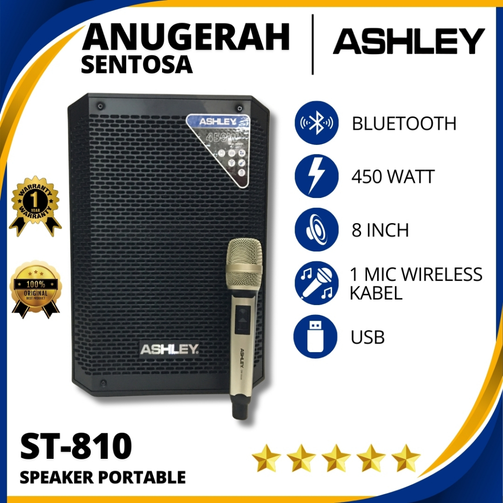 Speaker Portable Wireless Bluetooth Ashley ST 810 Ukuran 8 Inch Original