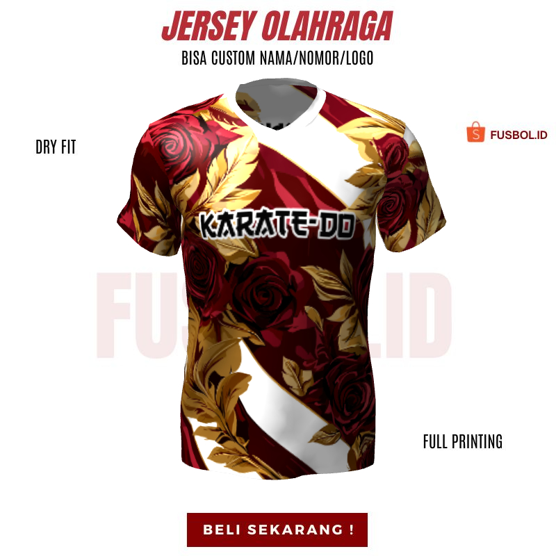 Kaos Jersey Karate Maroon Gold Putih Motif Rose 206 - Jersey Premium Bisa Custom