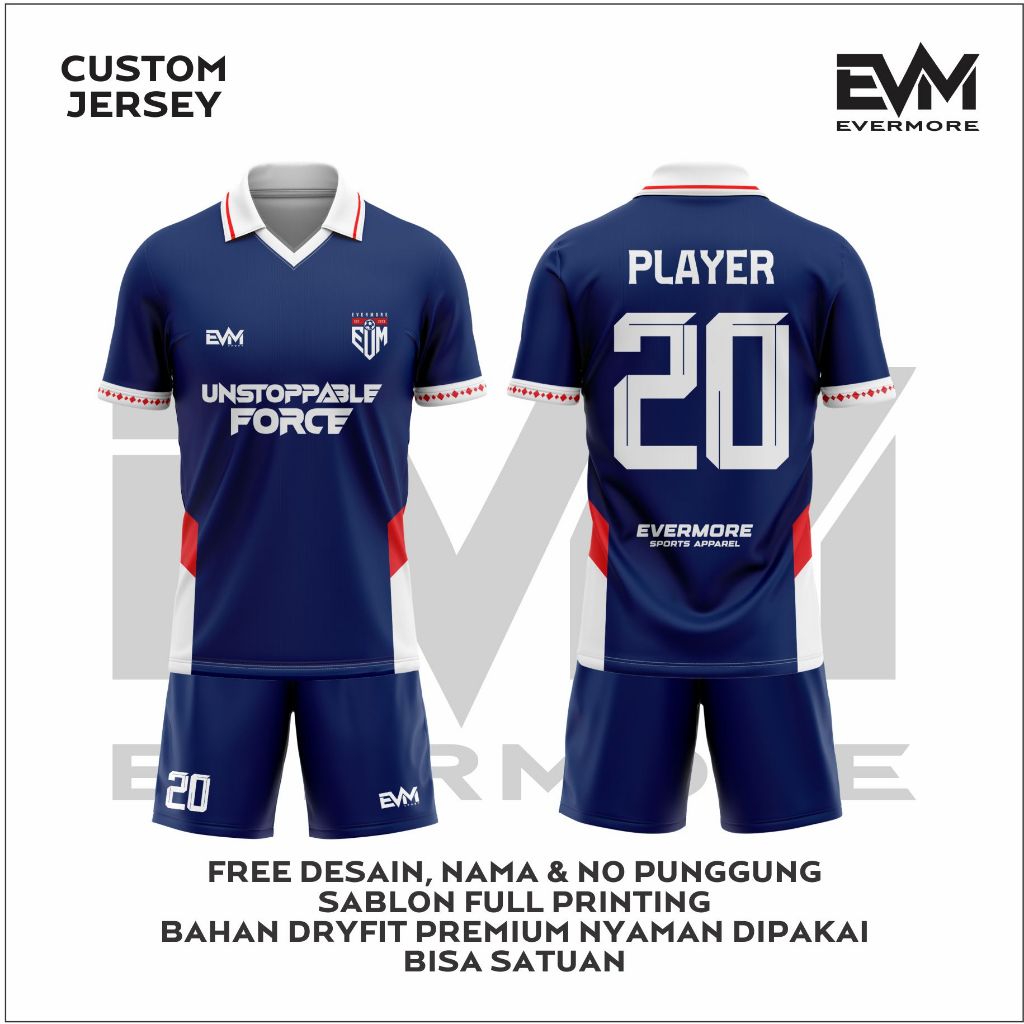 Jersey Futsal/Sepak Bola CAPTAIN BLUE Biru Putih Merah Milano Dryfit Bebas Custom EVM Sport