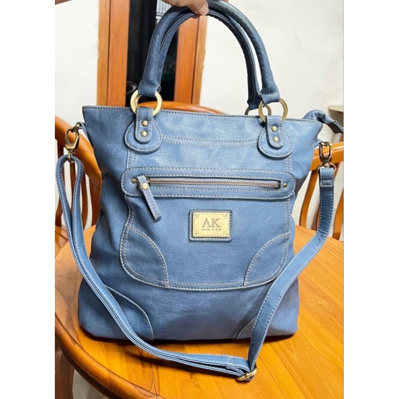 SS243 Tas Tote kulit Asli AK Anne Klein Soft Blue Preloved seperti baru