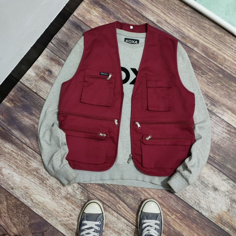 VS7 vest rompi tactical fishing spotex size L kanvas merah multi pocket cowok pria wanita cewek unis