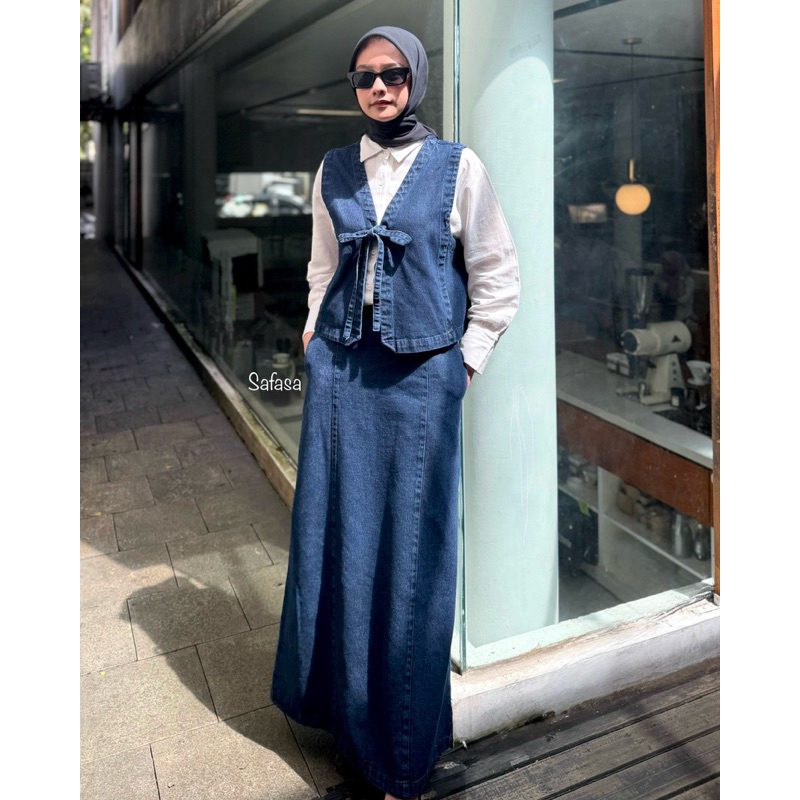 Faya Set Denim VEST + SKIRT One Set Wanita Rompi + Rok Vest Rok Denim Vest Denim Rok Denim Vest