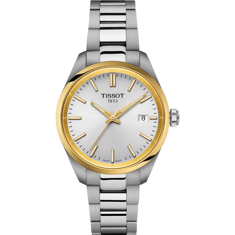 Tissot PR 100 34mm Quartz Silver Dial Gold Bezel Jam tangan wanita Original T150.210.21.031.00