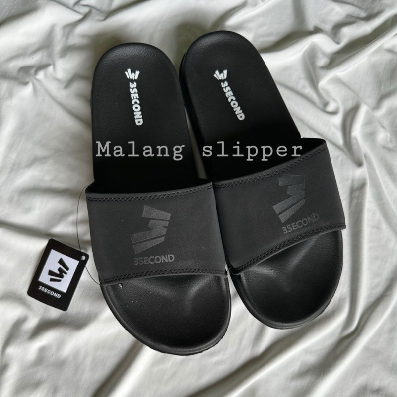 sandal slop pria 3second sendal slip on wanita three second fullblack sandal slide