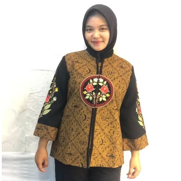 Blouse Batik Bordir Terbaru Atasan Wanita Kekinian Model Modern Coklat Batik Exclusive Baju Kantor