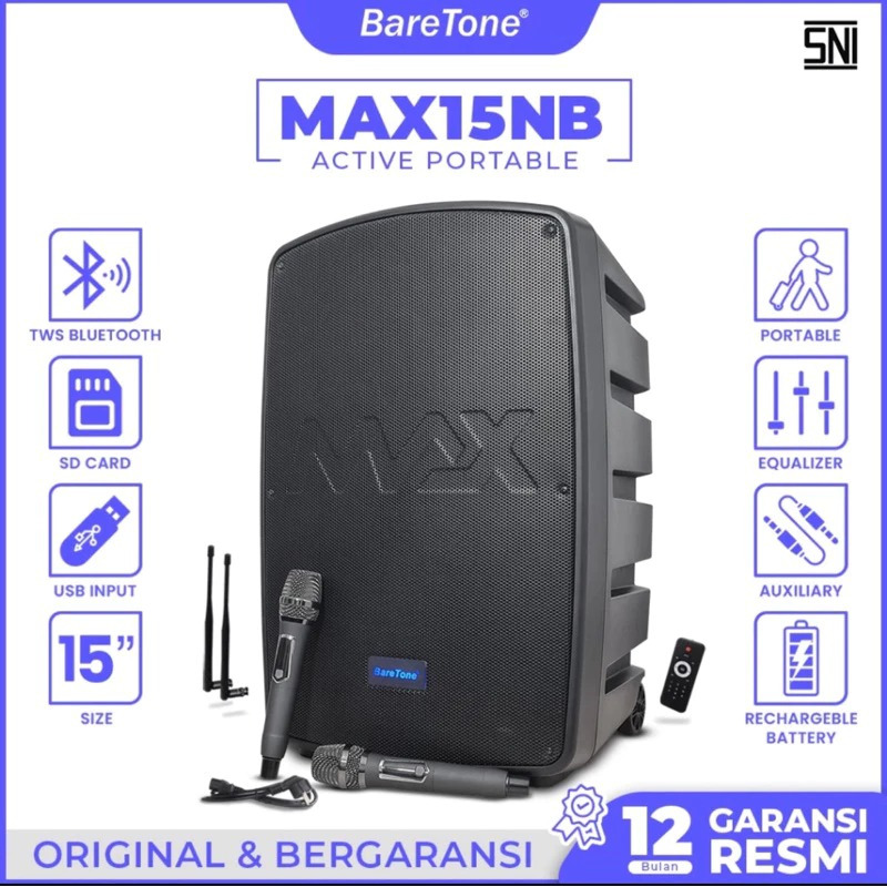 

BAREBARETONE MAX 15NB MAX15NB 15 INCH 800 WATT USB BLUETOOTH KEY CONTROL NEW FITUR MODEL