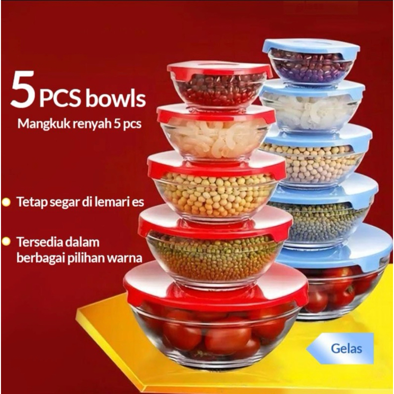 Mangkok beranak, Mangkok Kaca 5in1, Mangkok Bowl,  mangkok susun, mangkok serbaguna, mangkok set