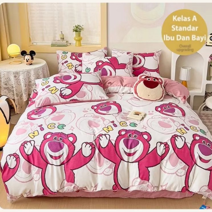 Bedcover Set sarung bantal jumbo bahan adem tebal premium lembut motif polos lotso kartun karakter a