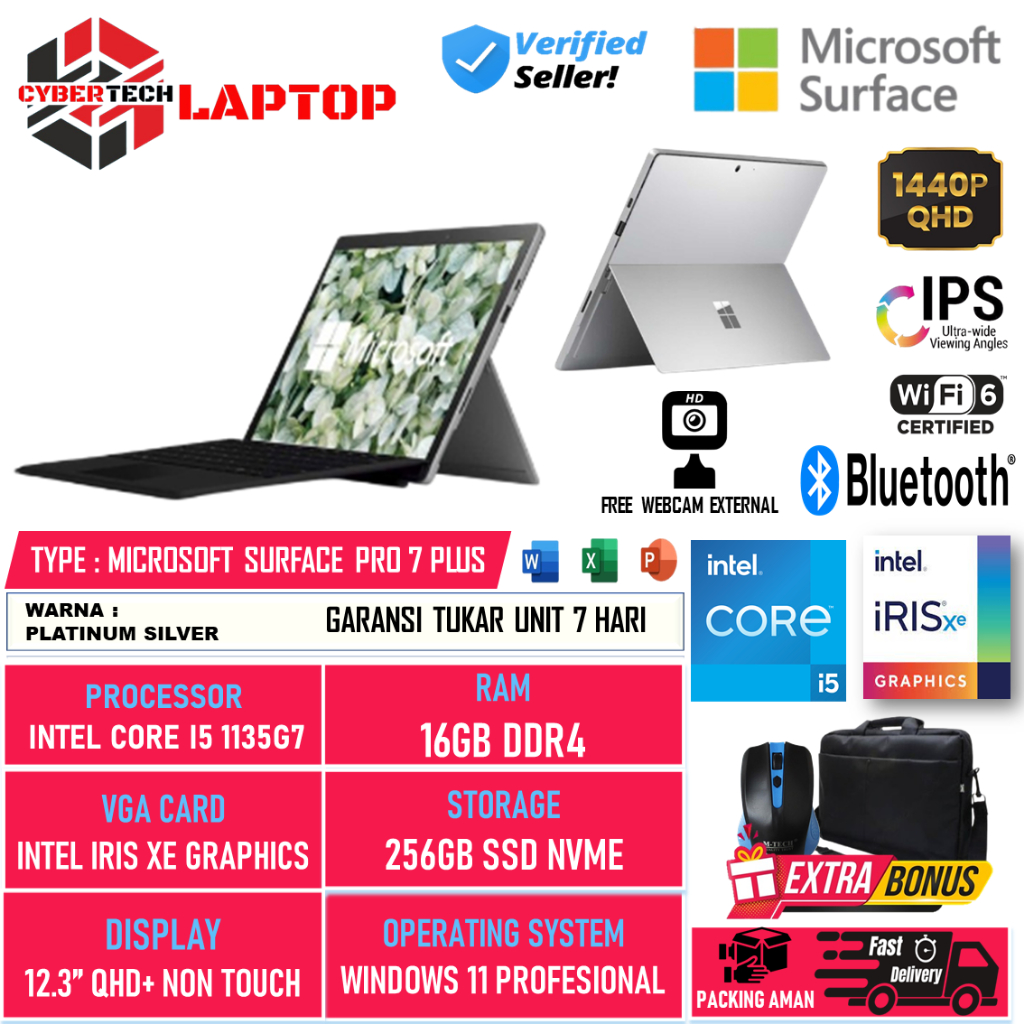 Laptop Microsoft Surface Pro 7 Plus Intel Core i5 1135G7 16GB 256GB SSD 12.3 Inch Windows 10 Pro