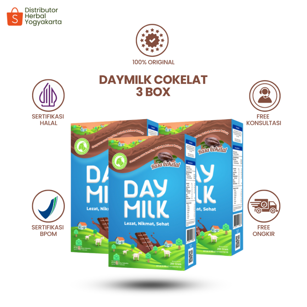 

Daymilk Rasa Cokelat - Susu Kambing Etawa Untuk Tulang , Sendi , Pernafasan & Jantung - 3 BOX