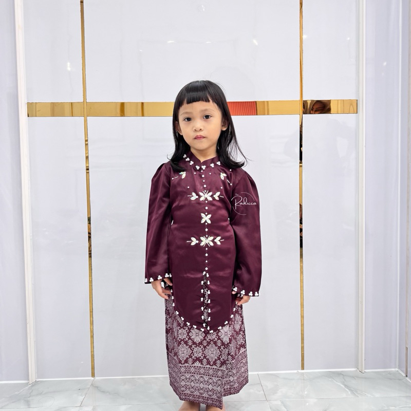 Baju Kurung Anak Rok Songket dan Satin Satu Set Tali belakang
