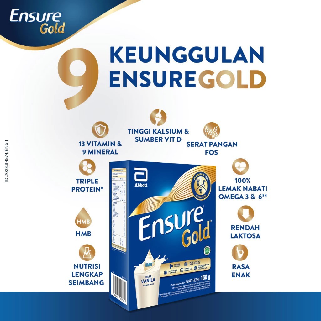 

Original Ensure Gold HMB Vanila 150 g - Nutrisi Dewasa Rendah Laktosa No.1 Di Indonesia