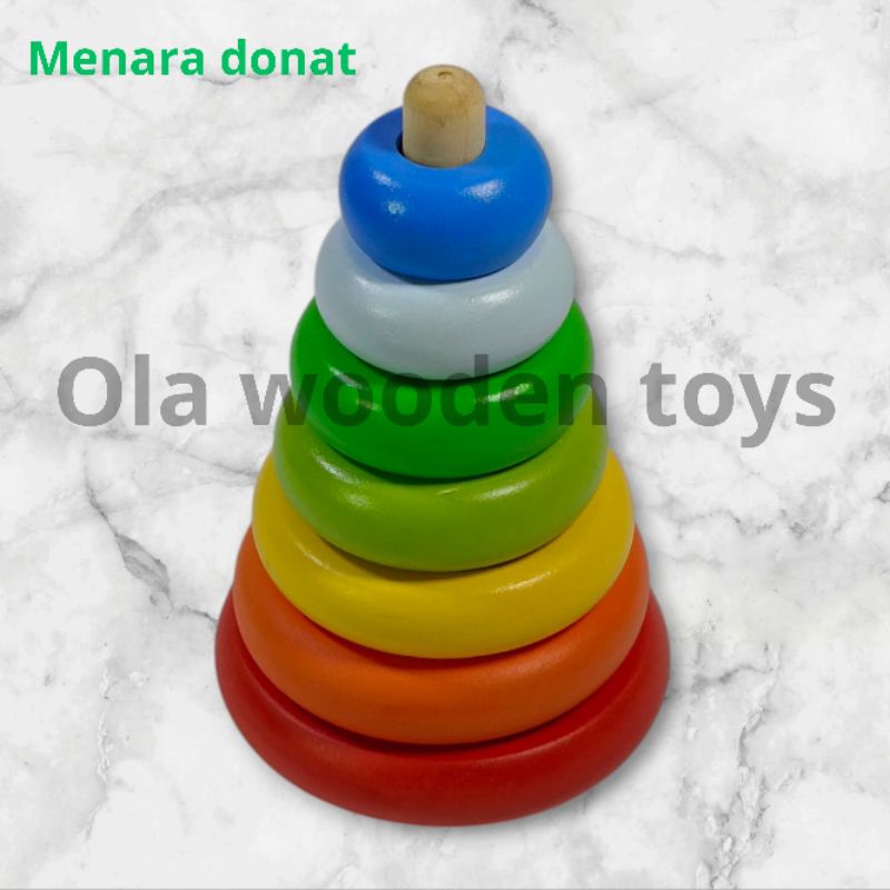 Mainan donat susun kayu RAINBOW TOWER /￼Mainan Edukasi Donat Susun kayu/ Menara donat