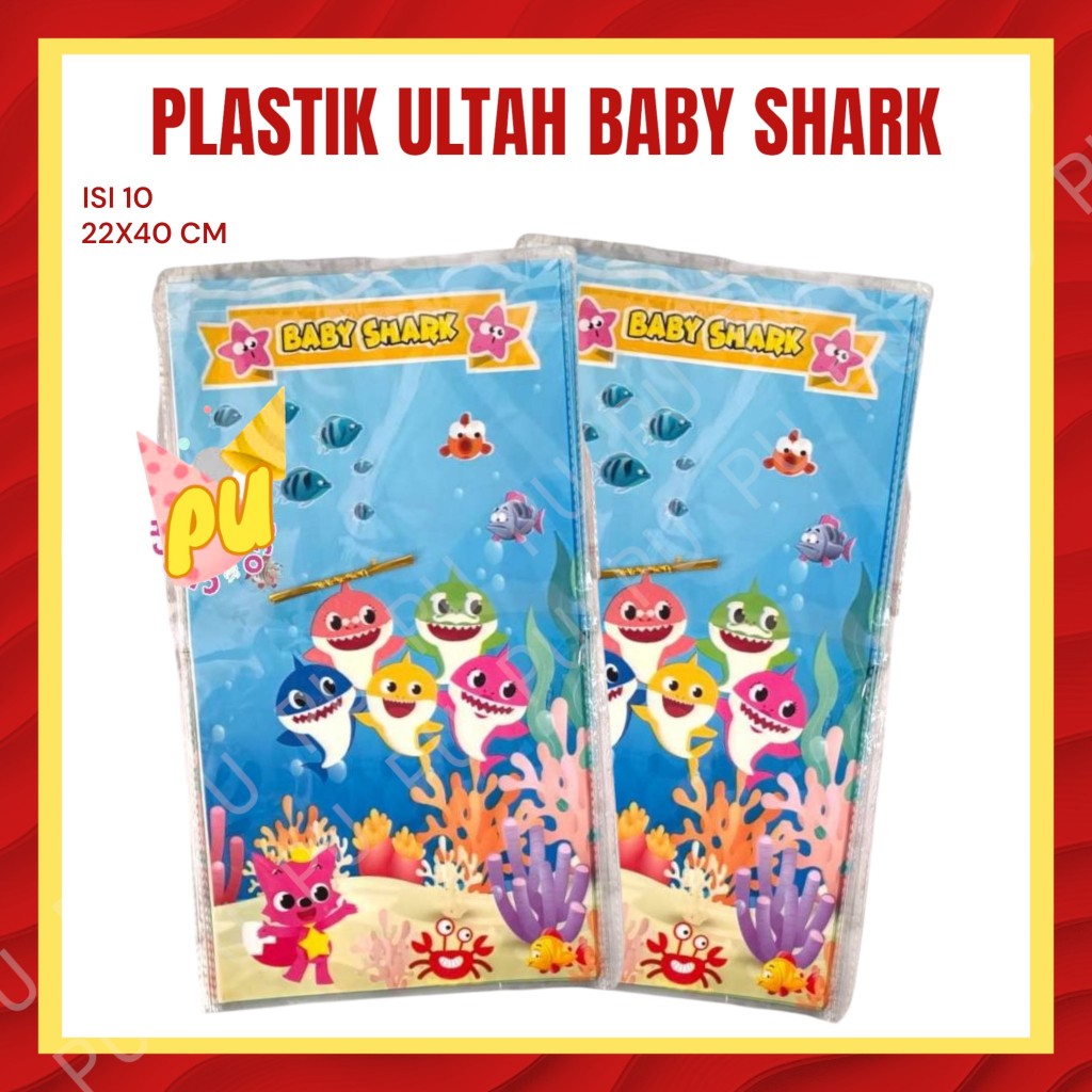 Plastik Ulang Tahun BABY SHARK isi 10 / Plastik Ultah Anak Baby Shark  Ukuran Sedang