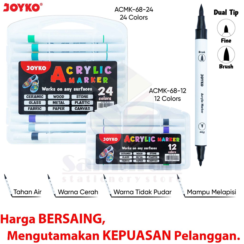 

HJK Spidol Akrylik Marker Joyko ACMK 68 12 Warna / Acrylic Marker 12 Colours Dual Tip Fine - Brush /