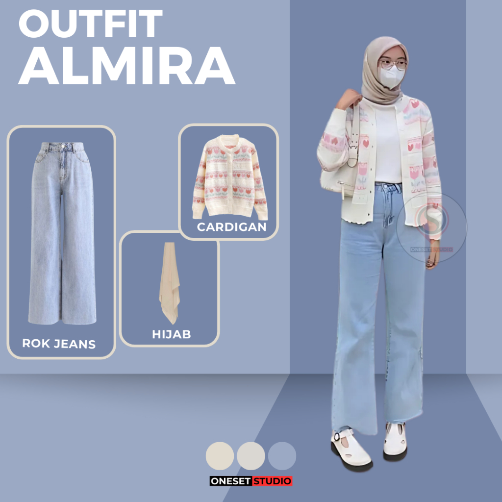 One Set Wanita Setelan Kampus (Cardigan Tulip + Celana Jeans + Hijab) OOTD Korean Style ALMIRA