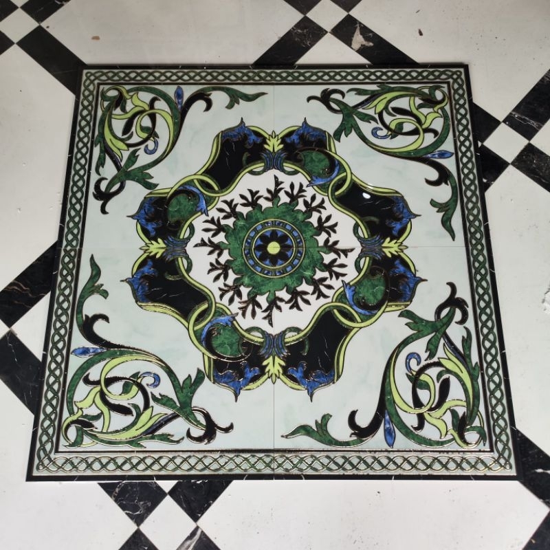 Granit pola dekoratif tile ukuran 120x120 cm motif bunga hijau glossy