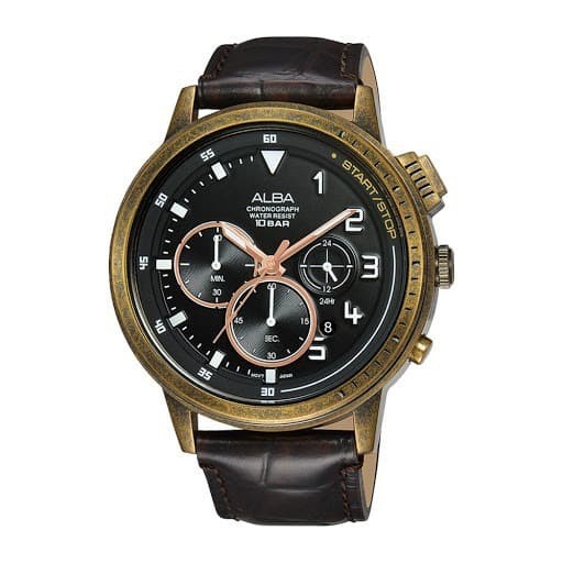 Jam Tangan Pria Alba AT3G40 AT3G40X1 Strap Leather Warna Brown Chronograph Original Garansi Resmi Li