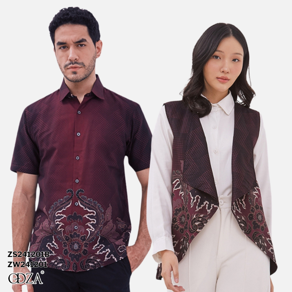 Odza Couple Set Kemeja Batik Lengan Pendek Pria Rompi Wanita Outer Vest Luaran Allsize Merah Maroon